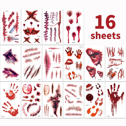 16-Piece Halloween 3D Fake Scar Temporary Tattoos – Bloody Wound & Zombie Designs for Face and Body, Waterproof Costume Makeup for Halloween, Cosplay & Parties
