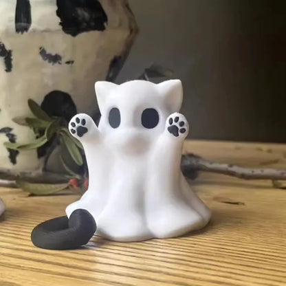 Cute Kitten Ghost Halloween Ornament – Mini Desktop Decor & Spooky Cat Figurine