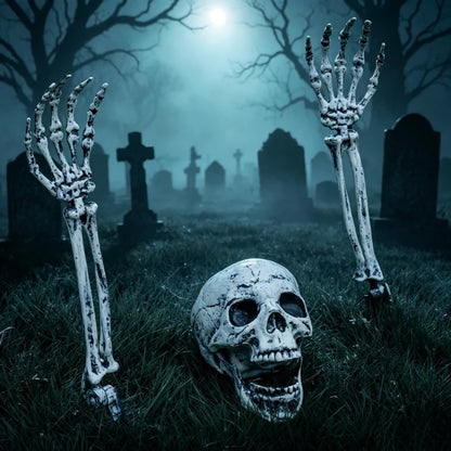 Halloween Skeleton Ground Stakes – Skull & Bone Hands Lawn Decorations