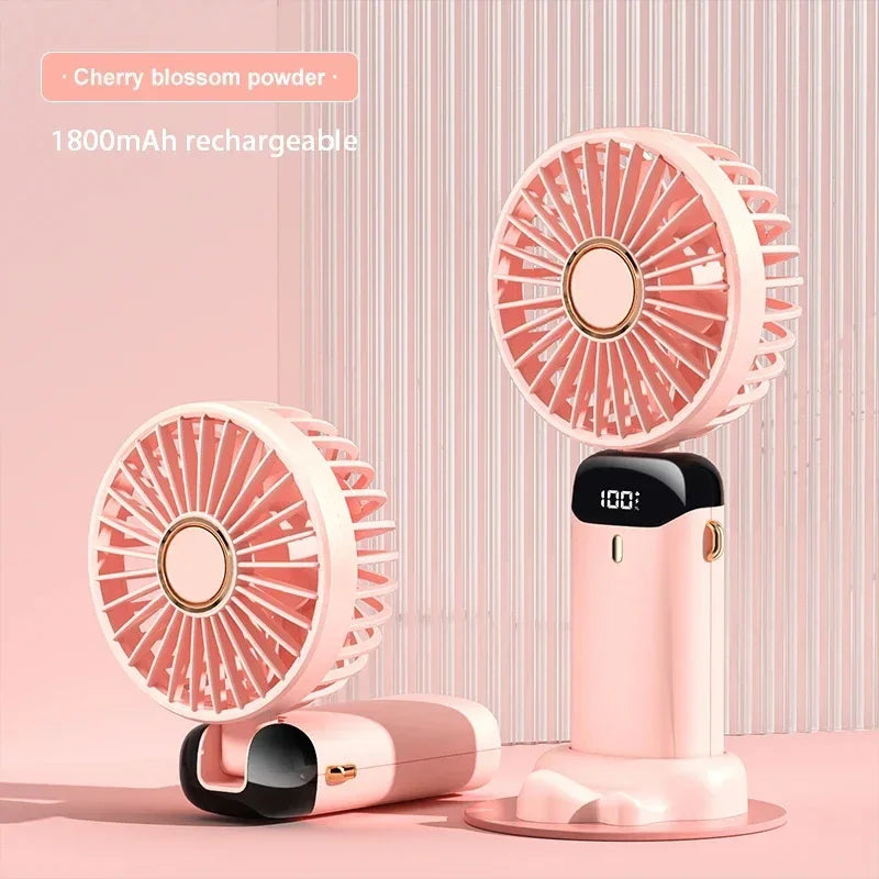 Portable Mini Fan – 5-Speed Rechargeable Handheld, Neck & Desktop Fan with LED Display, Phone Stand & 1800mAh Battery
