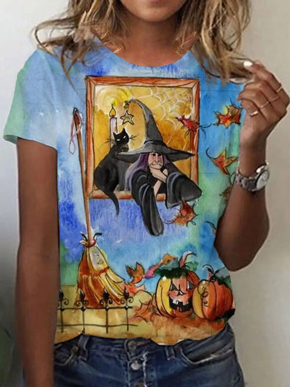 Women’s Halloween 3D Bloody Letter Print T-Shirt – Casual Short Sleeve Round Neck Top
