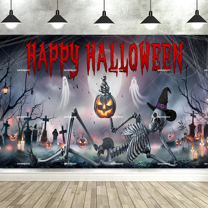 Halloween Pumpkin Skeleton Backdrop – Moon &amp; Ghost Party Decoration 🎃💀👻