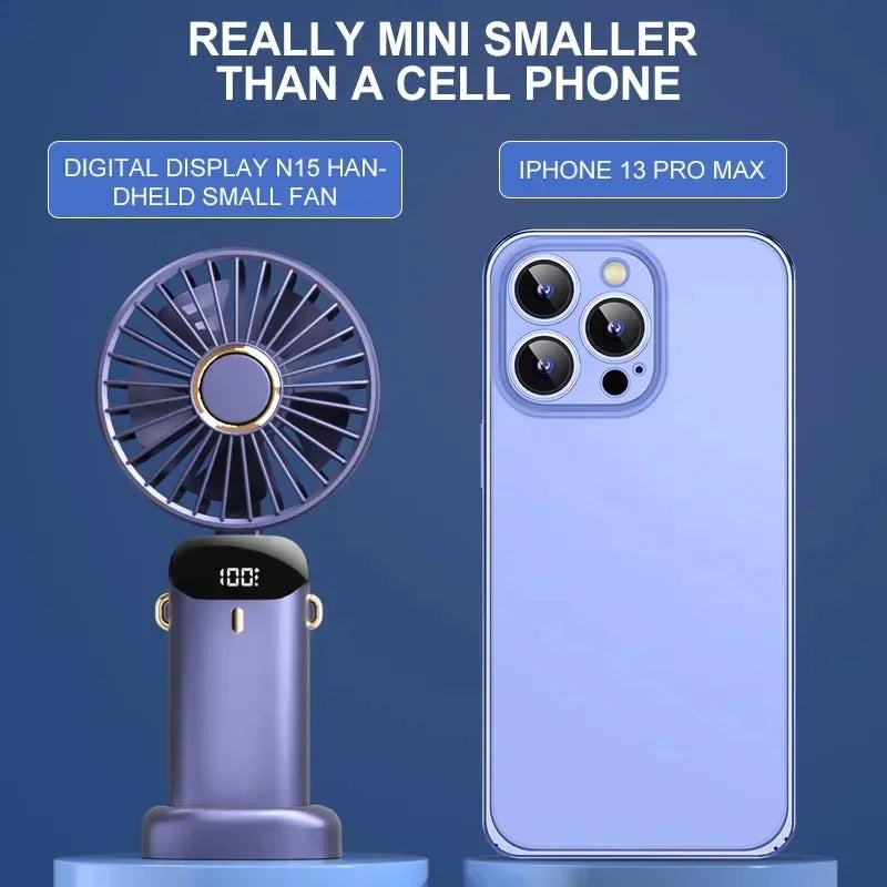 Portable Mini Fan – 5-Speed Rechargeable Handheld, Neck & Desktop Fan with LED Display, Phone Stand & 1800mAh Battery