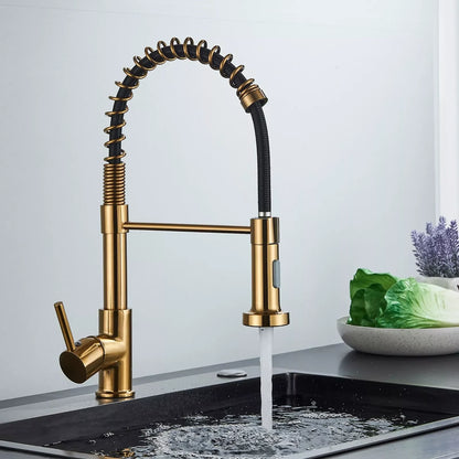 🚰 Brushed Gold Kitchen Sink Faucet – Single Handle Pull-Down Spring Faucet for Hot & Cold Water