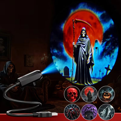 USB Halloween Projector Light – Mini LED Spooky Lamp with 6 Horror Patterns & Adjustable Gooseneck