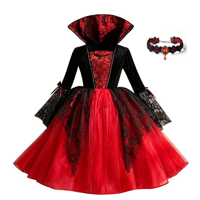 Kids Girls Gothic Halloween Costume – Red & Black Witch Vampire Dress with Wig & Veil