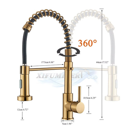 🚰 Brushed Gold Kitchen Sink Faucet – Single Handle Pull-Down Spring Faucet for Hot & Cold Water
