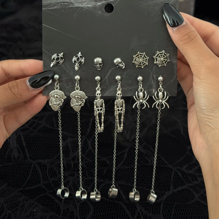 🖤 Gothic Halloween Drop Earrings Set – 6 Pairs Red Crystal Skull, Spider, Cross & Rose Earrings 🎃✨
