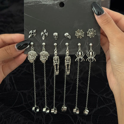 🖤 Gothic Halloween Drop Earrings Set – 6 Pairs Red Crystal Skull, Spider, Cross & Rose Earrings 🎃✨