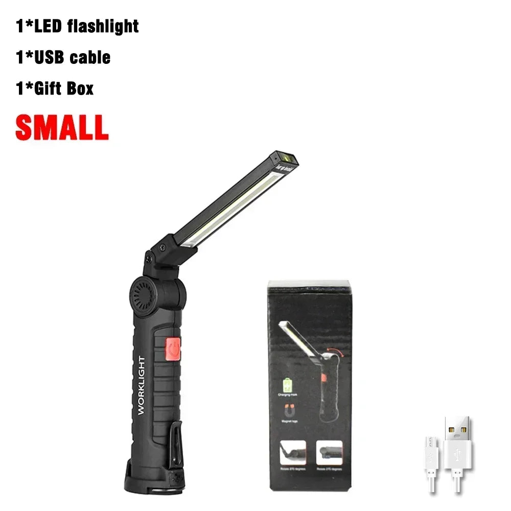 🔦 Rechargeable COB LED Work Light – USB-C Magnetic Flashlight with Hook, 360° Rotation & 5 Modes