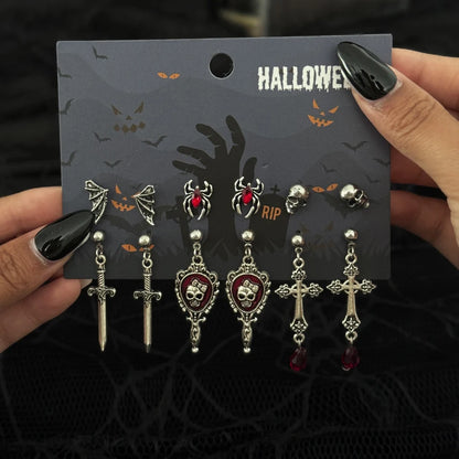 🖤 Gothic Halloween Drop Earrings Set – 6 Pairs Red Crystal Skull, Spider, Cross & Rose Earrings 🎃✨