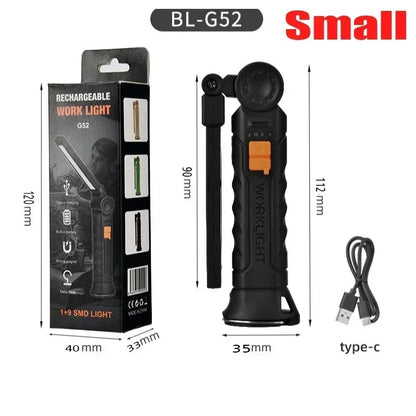 🔦 Rechargeable COB LED Work Light – USB-C Magnetic Flashlight with Hook, 360° Rotation & 5 Modes