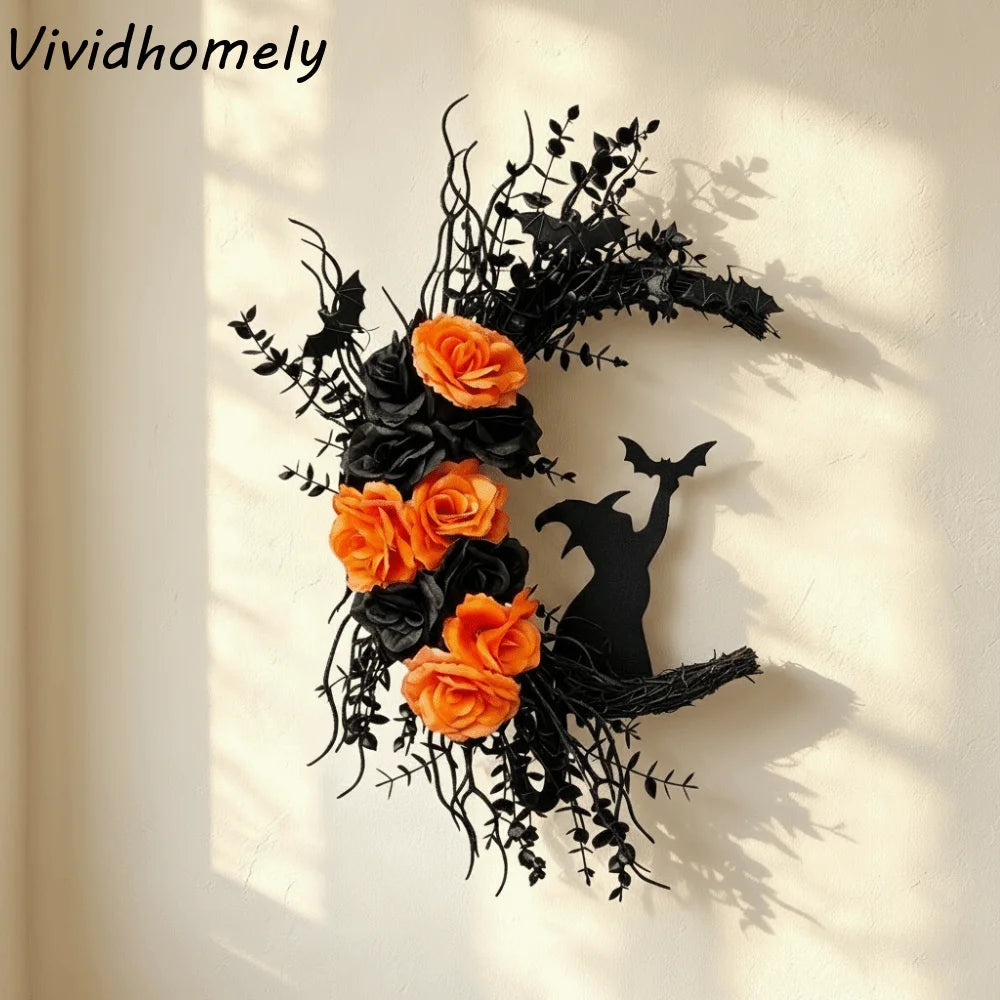 Gothic Halloween Moon Garland – Witch, Cat & Crow Door Decoration