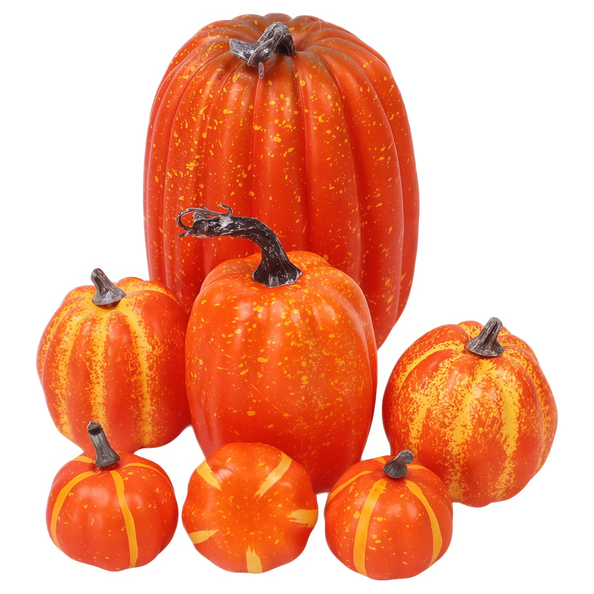 7PCS Artificial Orange Pumpkin Decor Set – Mini Foam Pumpkins for Halloween, Fall, Thanksgiving & Harvest Table Decorations, Indoor Home Decor