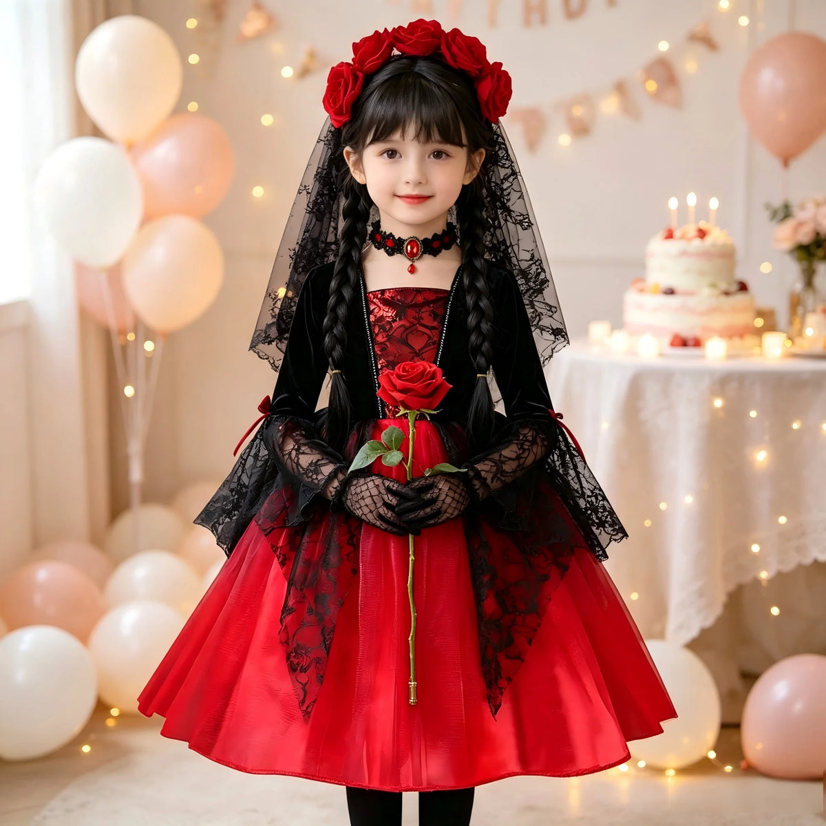 Kids Girls Gothic Halloween Costume – Red & Black Witch Vampire Dress with Wig & Veil