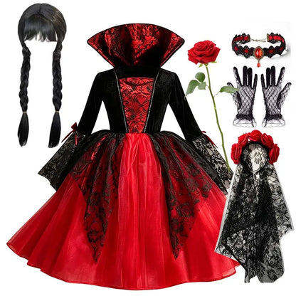 Kids Girls Gothic Halloween Costume – Red & Black Witch Vampire Dress with Wig & Veil