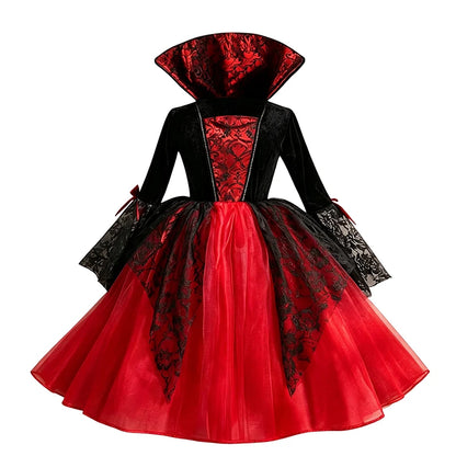 Kids Girls Gothic Halloween Costume – Red & Black Witch Vampire Dress with Wig & Veil