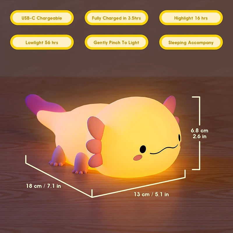 🦎 Cute Axolotl Silicone Night Light – Touch-Control LED Lamp with Rechargeable Battery