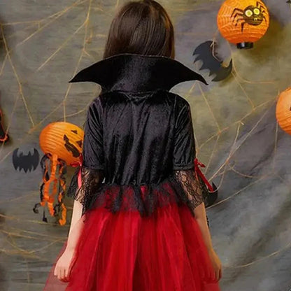 Kids Girls Gothic Halloween Costume – Red & Black Witch Vampire Dress with Wig & Veil