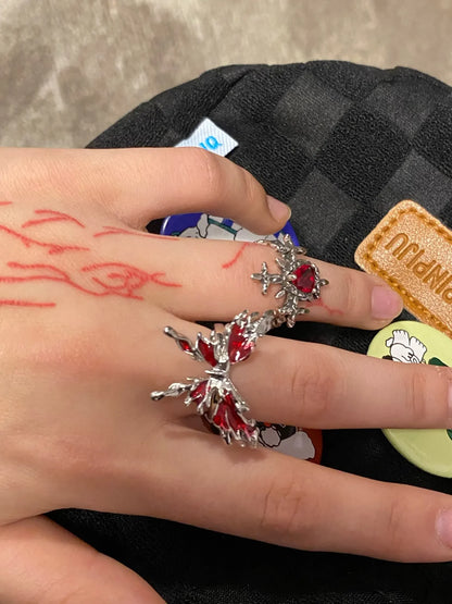 🖤 Gothic Red Crystal Heart Cross Ring Set – ❤️ Y2K Punk Geometric Open Rings for Women 💍
