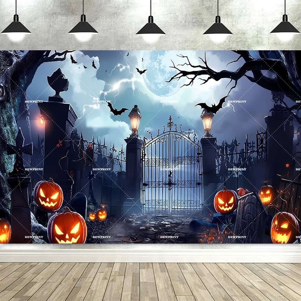 Halloween Pumpkin Skeleton Backdrop – Moon &amp; Ghost Party Decoration 🎃💀👻