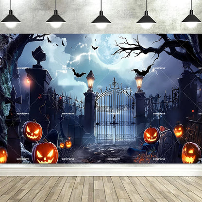 Halloween Pumpkin Skeleton Backdrop – Moon &amp; Ghost Party Decoration 🎃💀👻