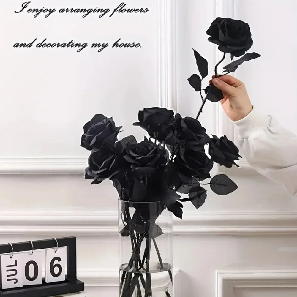 Artificial Black Roses – Long-Stem Fake Flowers for Halloween, Weddings, Parties & Home Decor