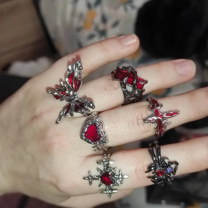 🖤 Gothic Red Crystal Heart Cross Ring Set – ❤️ Y2K Punk Geometric Open Rings for Women 💍