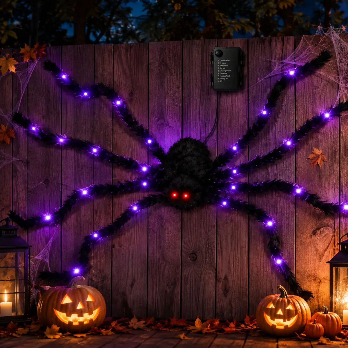 Halloween Giant Fuzzy Spider with Purple LED Lights – Large Light-Up Spider Decoration, Battery Powered, 8 Lighting Modes, Indoor & Outdoor