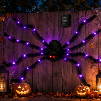 Halloween Giant Fuzzy Spider with Purple LED Lights – Large Light-Up Spider Decoration, Battery Powered, 8 Lighting Modes, Indoor & Outdoor