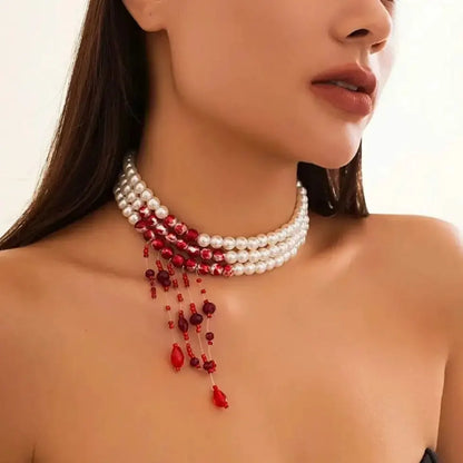Vintage Gothic Blood Pattern Layered Necklace – Pearl &amp; Crystal Tassel Pendant 🩸🖤