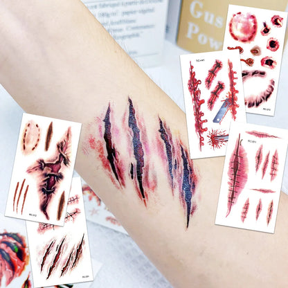 16-Piece Halloween 3D Fake Scar Temporary Tattoos – Bloody Wound & Zombie Designs for Face and Body, Waterproof Costume Makeup for Halloween, Cosplay & Parties
