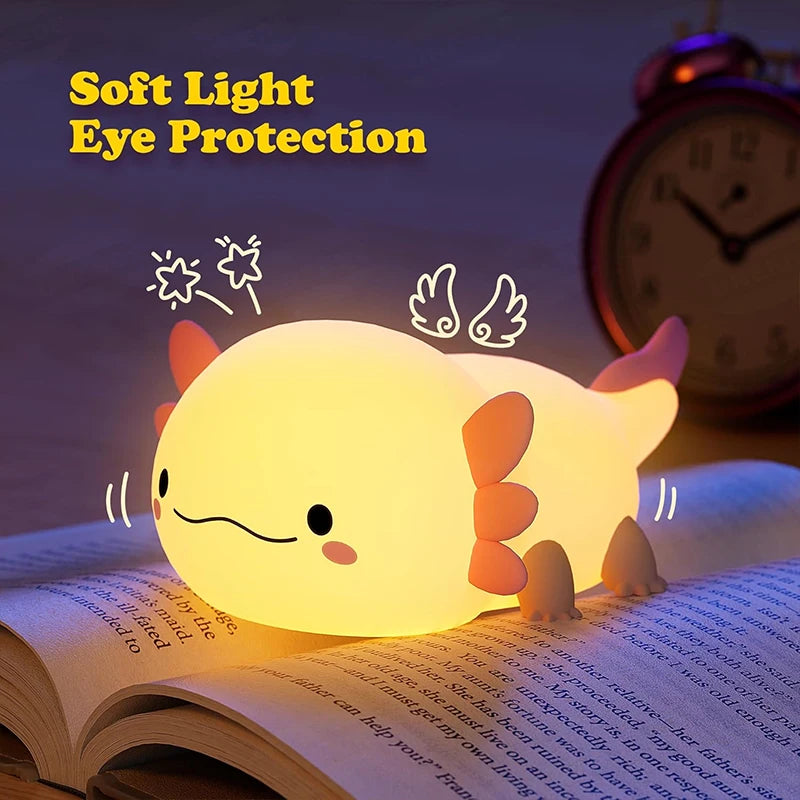 🦎 Cute Axolotl Silicone Night Light – Touch-Control LED Lamp with Rechargeable Battery