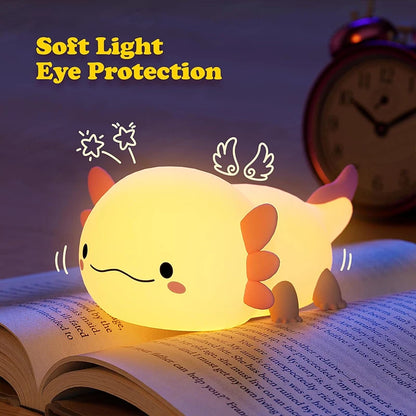 🦎 Cute Axolotl Silicone Night Light – Touch-Control LED Lamp with Rechargeable Battery