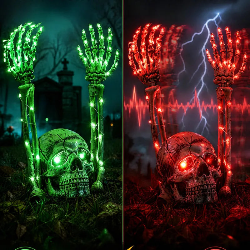 Halloween LED Skeleton Hands & Skull – Lighted Horror Yard Decorations for Outdoor & Indoor Parties