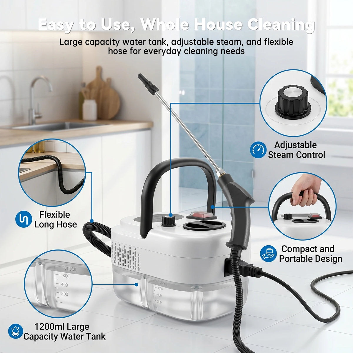 🧼 2500W Handheld Steam Cleaner – 105°C High-Temperature Steam, 3 Bar Pressure & 1200ml Tank