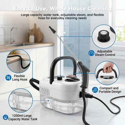 🧼 2500W Handheld Steam Cleaner – 105°C High-Temperature Steam, 3 Bar Pressure & 1200ml Tank