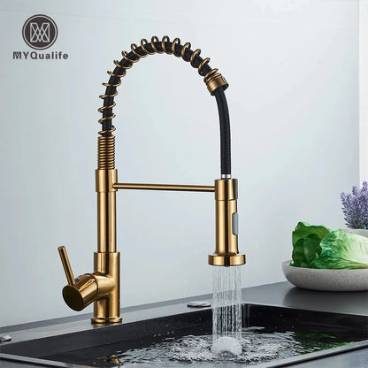 🚰 Brushed Gold Kitchen Sink Faucet – Single Handle Pull-Down Spring Faucet for Hot & Cold Water