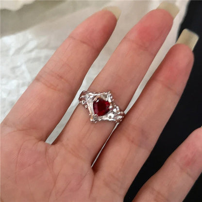 🖤 Gothic Red Crystal Heart Cross Ring Set – ❤️ Y2K Punk Geometric Open Rings for Women 💍