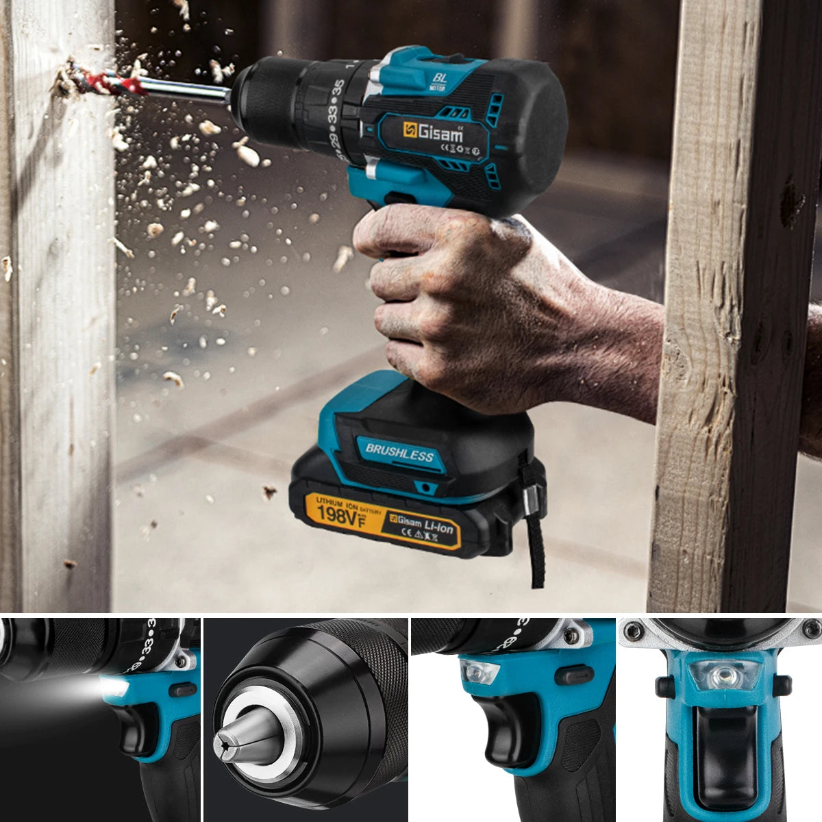 🔧 Gisam 18V Brushless Cordless Drill – 65N·m Torque, 13mm Chuck & 35+3 Settings