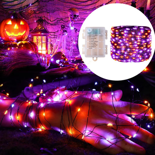 5M–20M Halloween LED String Lights – Purple & Orange Fairy Lights, Battery Powered Outdoor Lights for Halloween, Christmas, Garden & Party Decor
