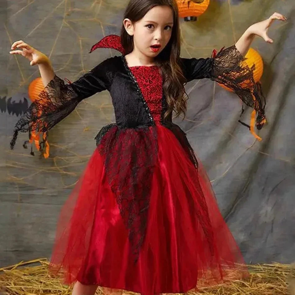 Kids Girls Gothic Halloween Costume – Red & Black Witch Vampire Dress with Wig & Veil