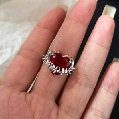 🖤 Gothic Red Crystal Heart Cross Ring Set – ❤️ Y2K Punk Geometric Open Rings for Women 💍