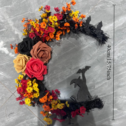 Gothic Halloween Wreath – Witch Cat Moon & Autumn Leaves Decor