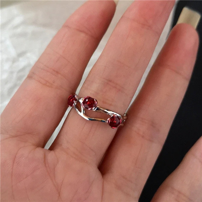 🖤 Gothic Red Crystal Heart Cross Ring Set – ❤️ Y2K Punk Geometric Open Rings for Women 💍