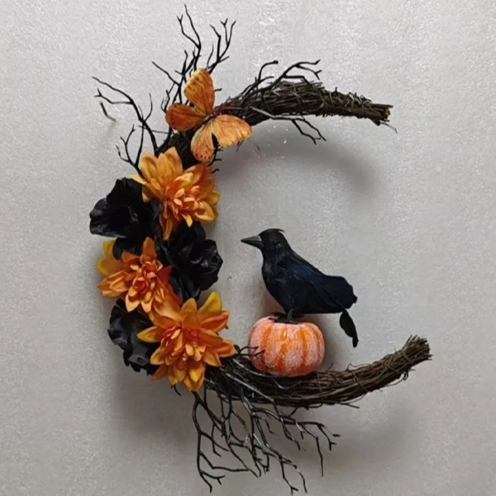 Gothic Halloween Moon Garland – Witch, Cat & Crow Door Decoration