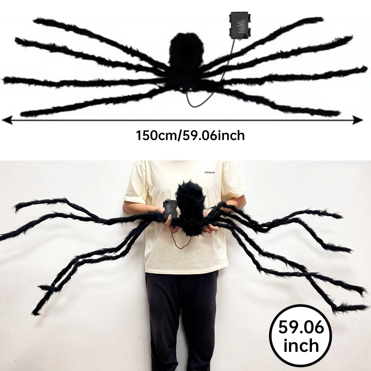 Halloween Giant Fuzzy Spider with Purple LED Lights – Large Light-Up Spider Decoration, Battery Powered, 8 Lighting Modes, Indoor & Outdoor