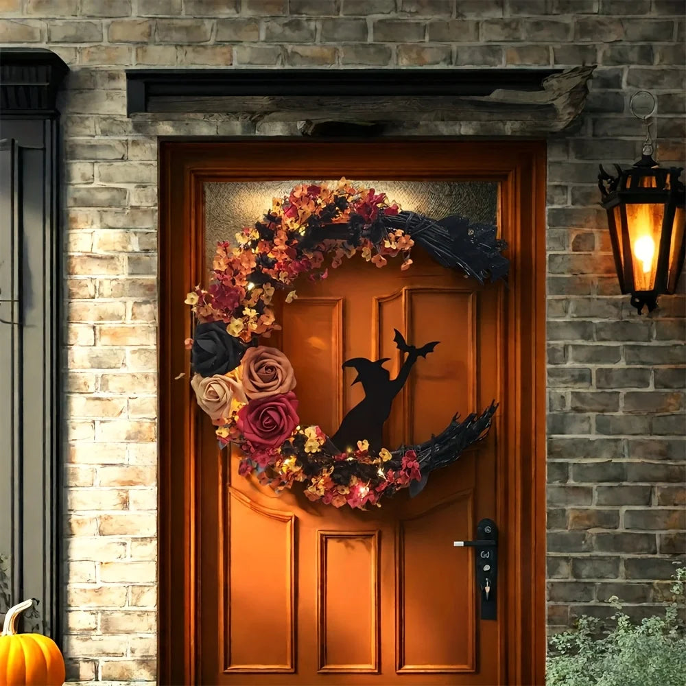 Gothic Halloween Wreath – Witch Cat Moon & Autumn Leaves Decor