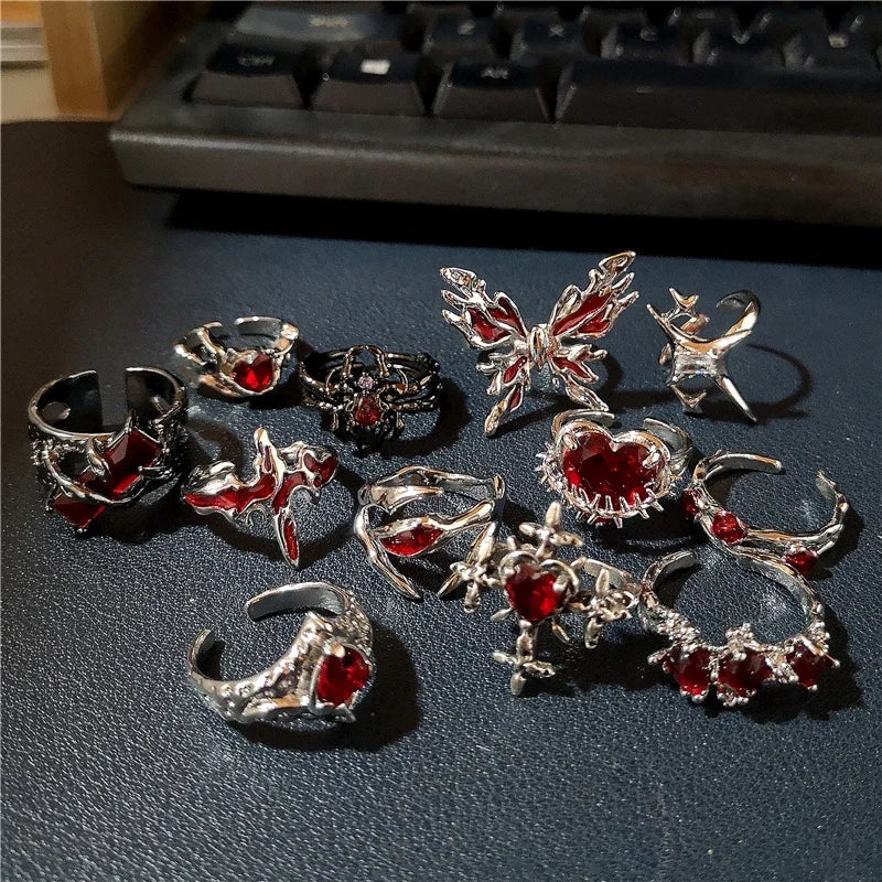 🖤 Gothic Red Crystal Heart Cross Ring Set – ❤️ Y2K Punk Geometric Open Rings for Women 💍