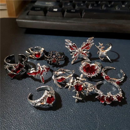 🖤 Gothic Red Crystal Heart Cross Ring Set – ❤️ Y2K Punk Geometric Open Rings for Women 💍